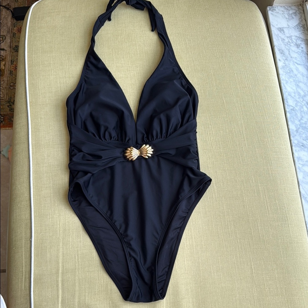 NWT! Cupshe Black Halter Swimsuit with Gold Shell Detail - Picture 1 of 5